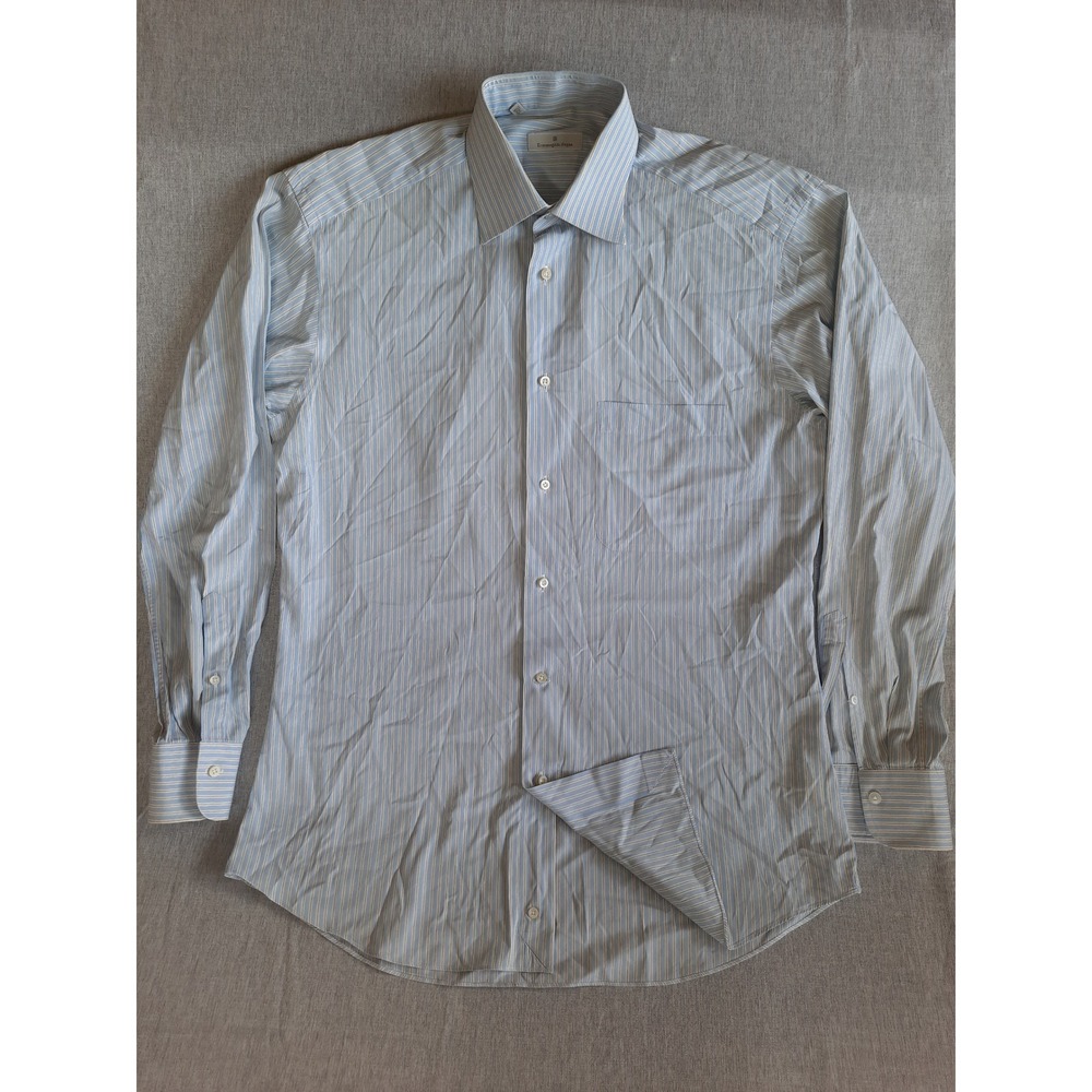Ermenegildo Zegna Men Long Sleeve Striped‎ Collared Buttons Dress Shirt Blue SEE